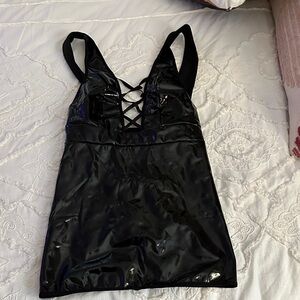 Black Faux Leather Dress with Lace-Up Detail Lingerie